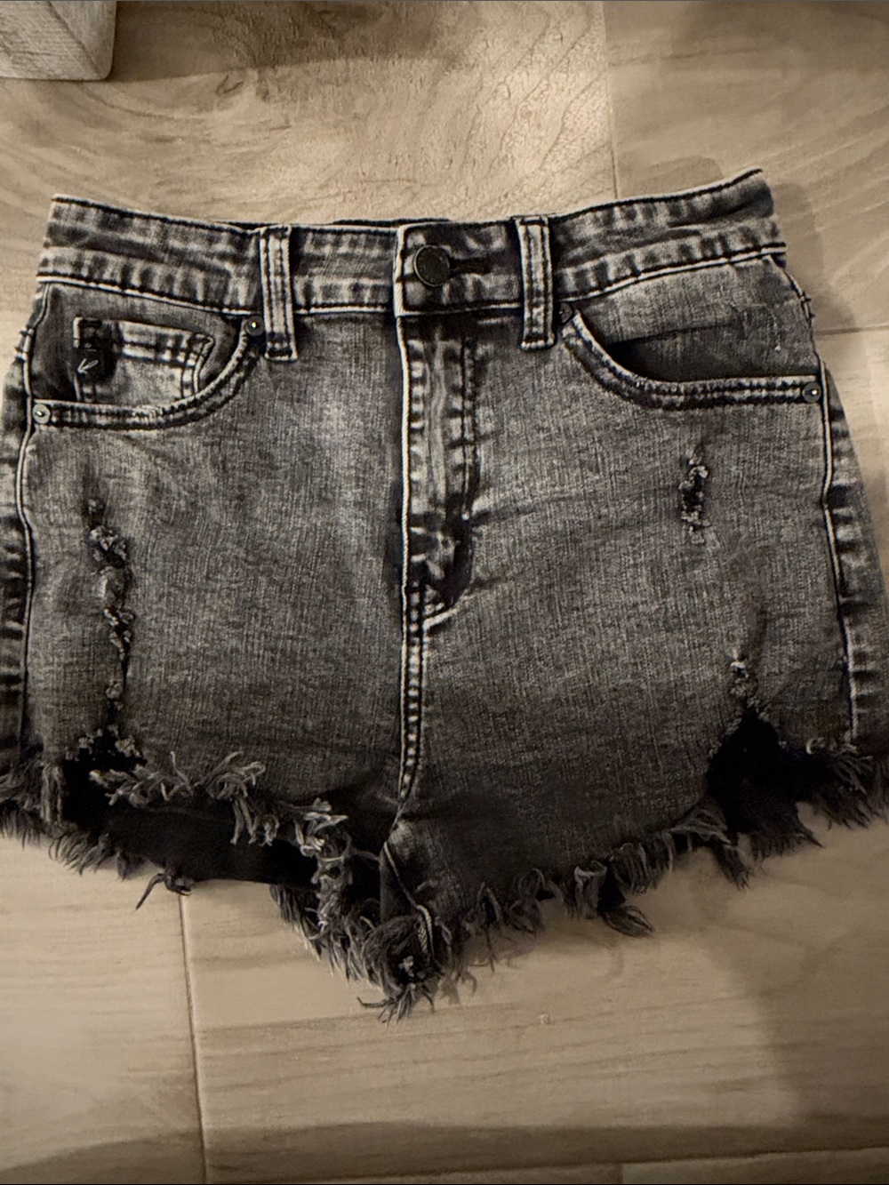 Washed Black Distressed High-Rise Denim Shorts